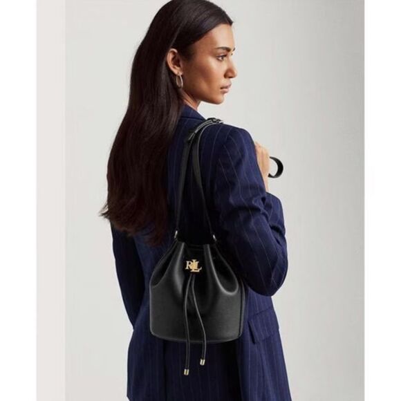 Lauren Ralph Lauren Black Smooth Leather Medium Andie Drawstring Bag, New w/Tag - Picture 15 of 15